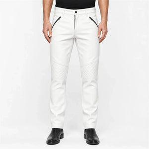 mens white leather biker pants