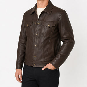 Mens Brown Leather Trucker Jacket