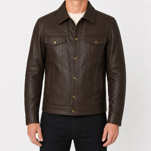 Mens Brown Leather Trucker Jacket MLJ 6002 2XS