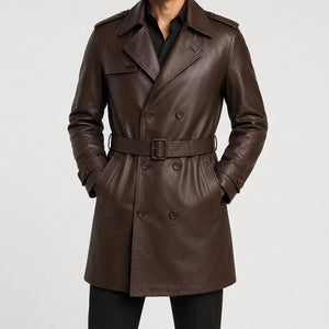 mens chocolate brown leather trench jacket