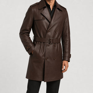 mens chocolate brown leather trench jacket MLJ 6019 2XS