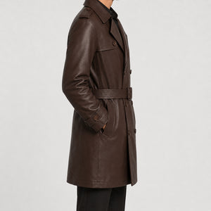 mens chocolate brown leather trench jacket MLJ 6019 2XS