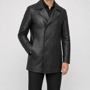 mens black leather peacoat MLJ 6020 2XS