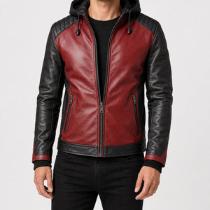 mens red leather hooded jacket