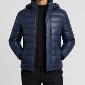 mens navy blue leather puffer jacket