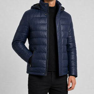 mens navy blue leather puffer jacket MLJ 6025 2XS