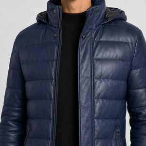 mens navy blue leather puffer jacket MLJ 6025 2XS