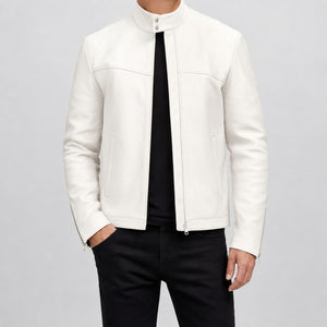 mens white leather funnel neck jacket