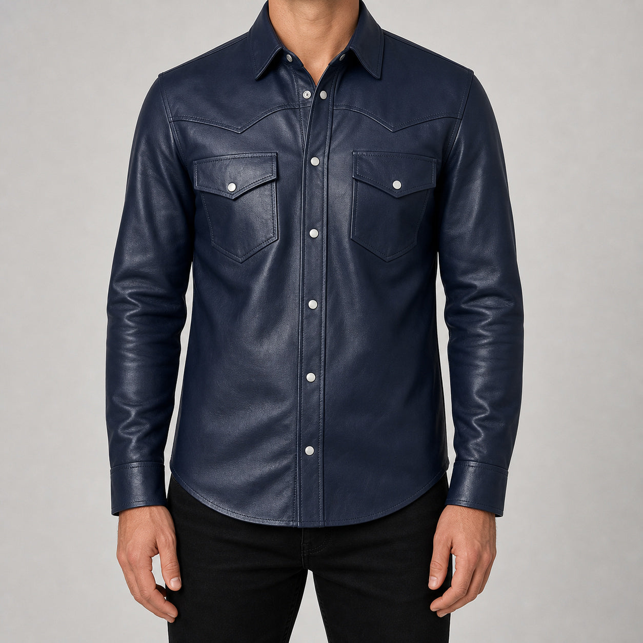 men's navy leather shirt jacket MLSH 810034 3XS