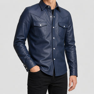 men's navy leather shirt jacket