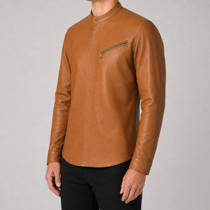 men's tan leather shirt MLSH 810035 3XS