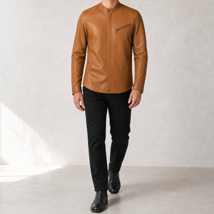 men's tan leather shirt MLSH 810035 3XS