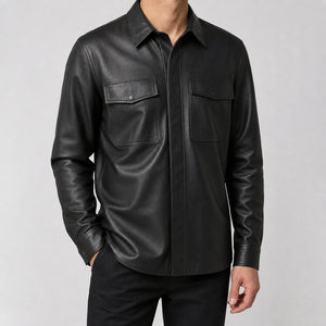 men's black lambskin leather shirt