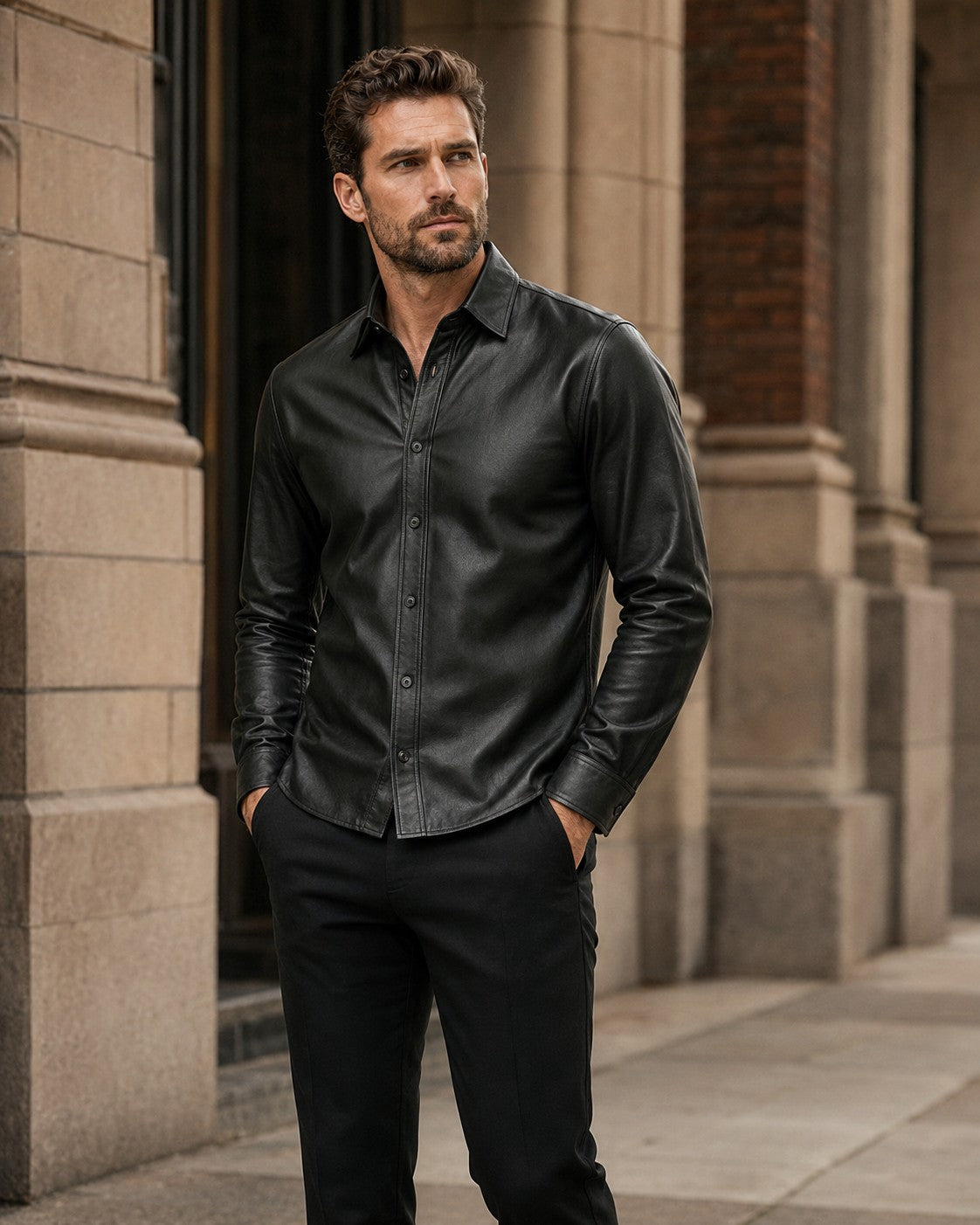 Man wearing a tailored black genuine leather shirt for The Bougees