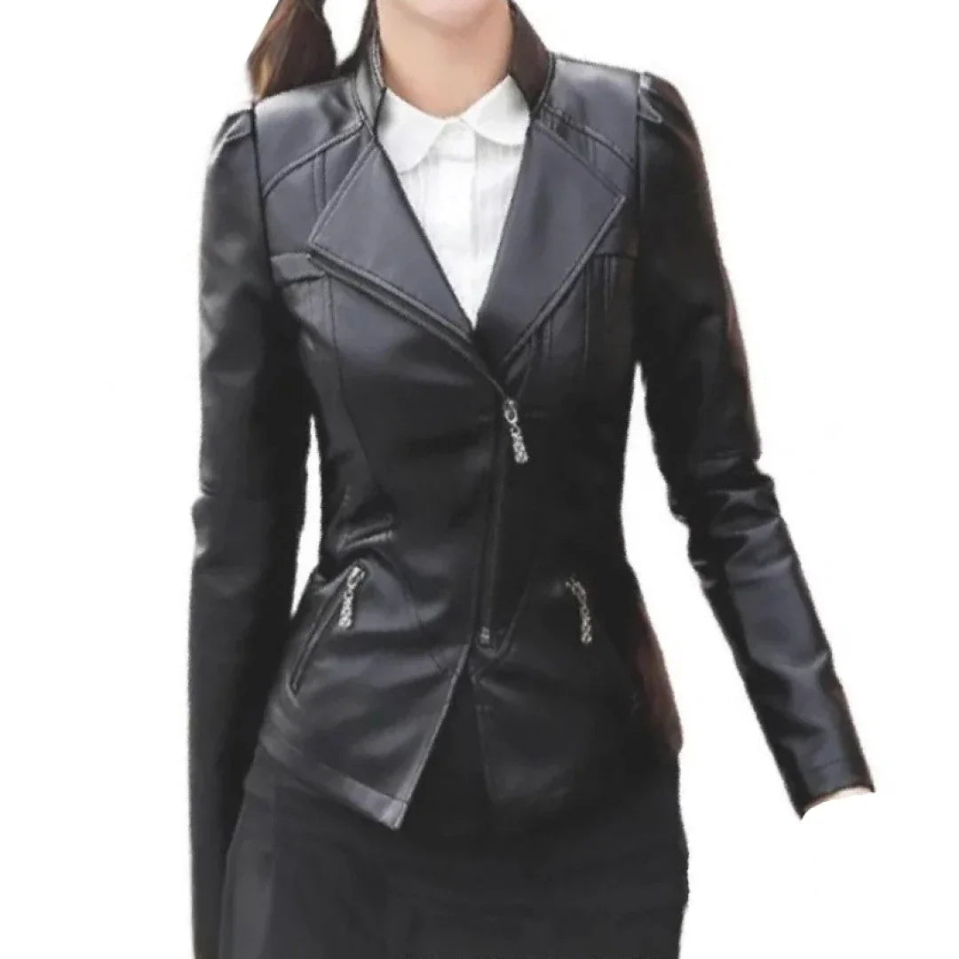 Trend setting style girls real sheepskin black leather jacket - TheBougees