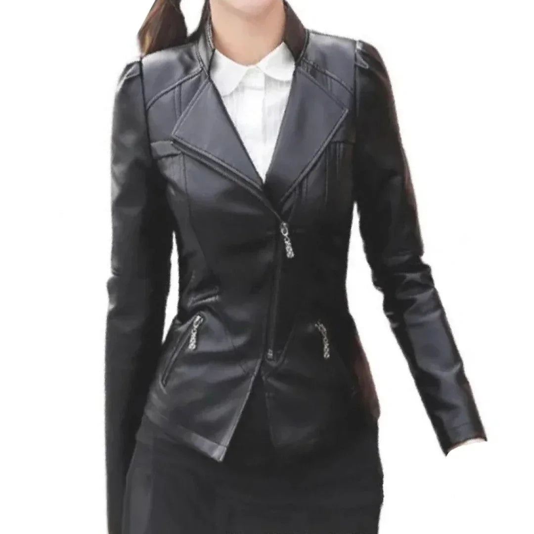 Trend setting style girls real sheepskin black leather jacket - TheBougees