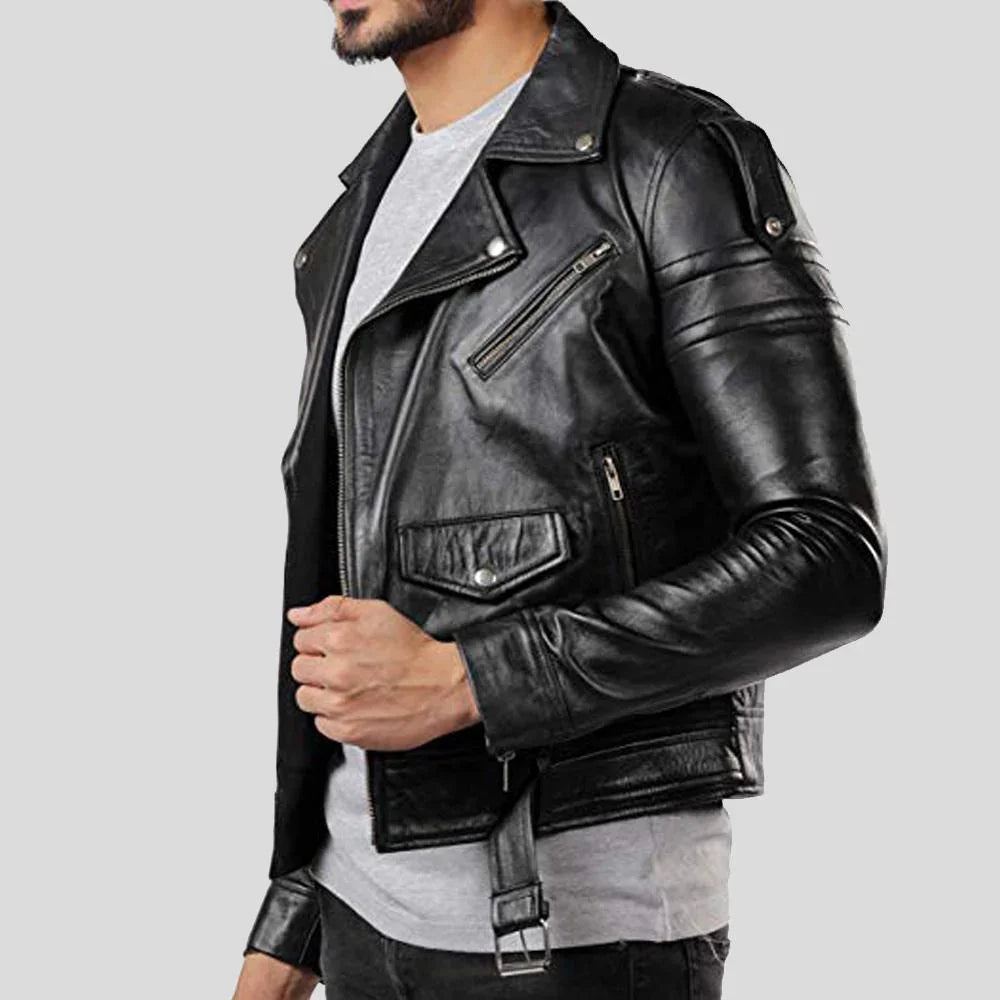 Vintage Black Leather Slim Biker Jacket - TheBougees