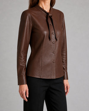 Brown Leather Tie Neck Shirt WLSH 810038 3XS