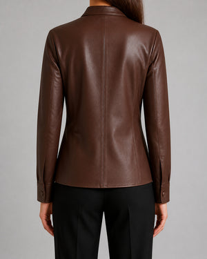 Brown Leather Tie Neck Shirt WLSH 810038 3XS