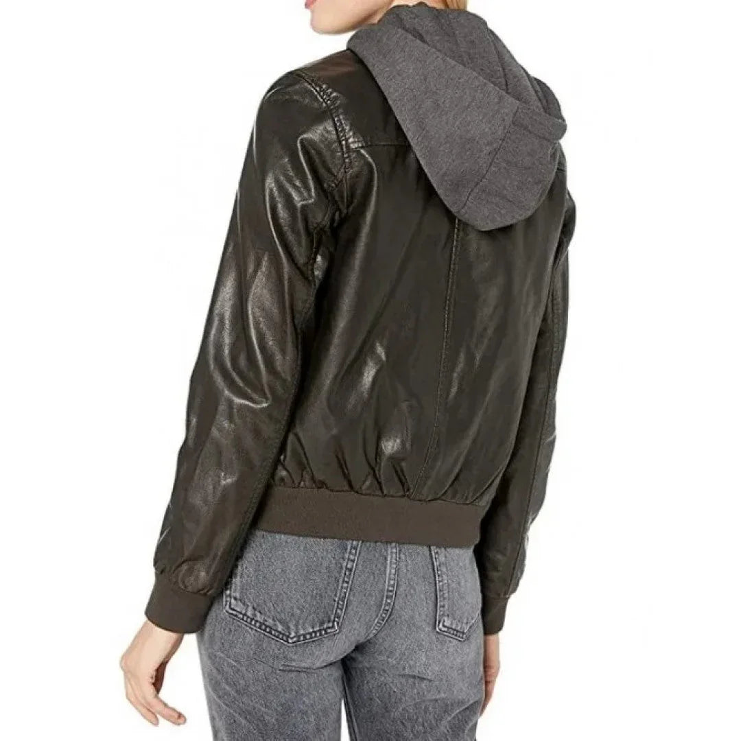 Womens simple two pocket black leather hooded bomber jacket - TheBougees