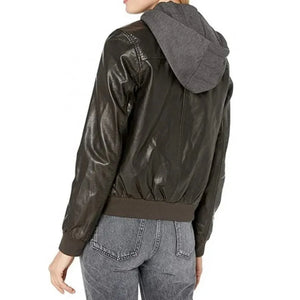 Womens simple two pocket black leather hooded bomber jacket - TheBougees