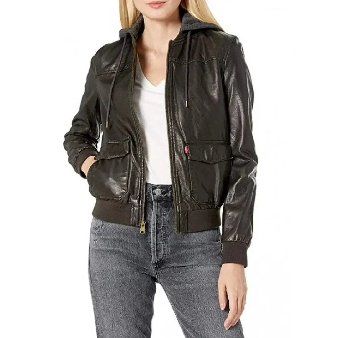 Womens simple two pocket black leather hooded bomber jacket - TheBougees