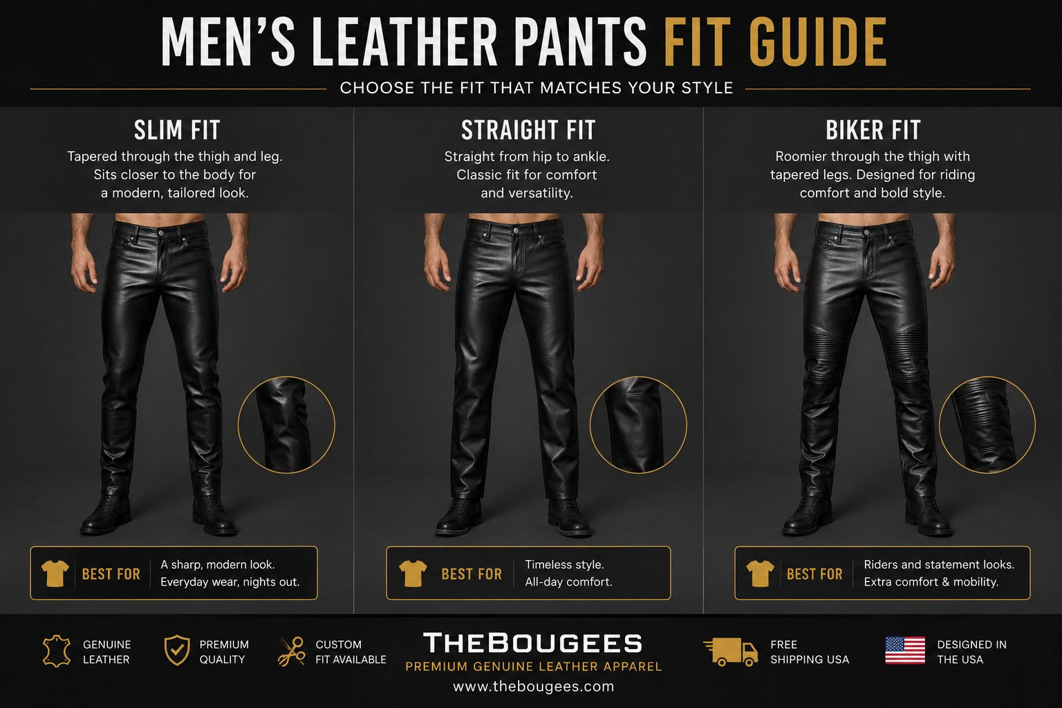  Comparison of slim, straight, and biker leather pants fits