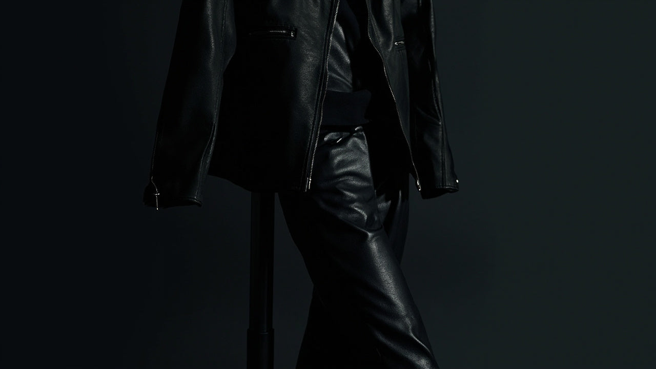 black leather jacket and pants with detailed stitching under moody studio light