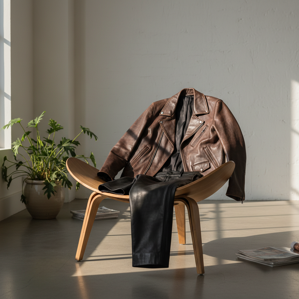luxurious leather jacket and pants displayed on a modern chair in warm sunlight