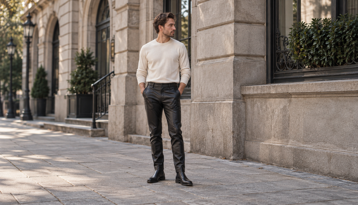 Editorial outfit illustration: man wearing black leather pants, a cream shirt and Chelsea boots on a city sidewalk
