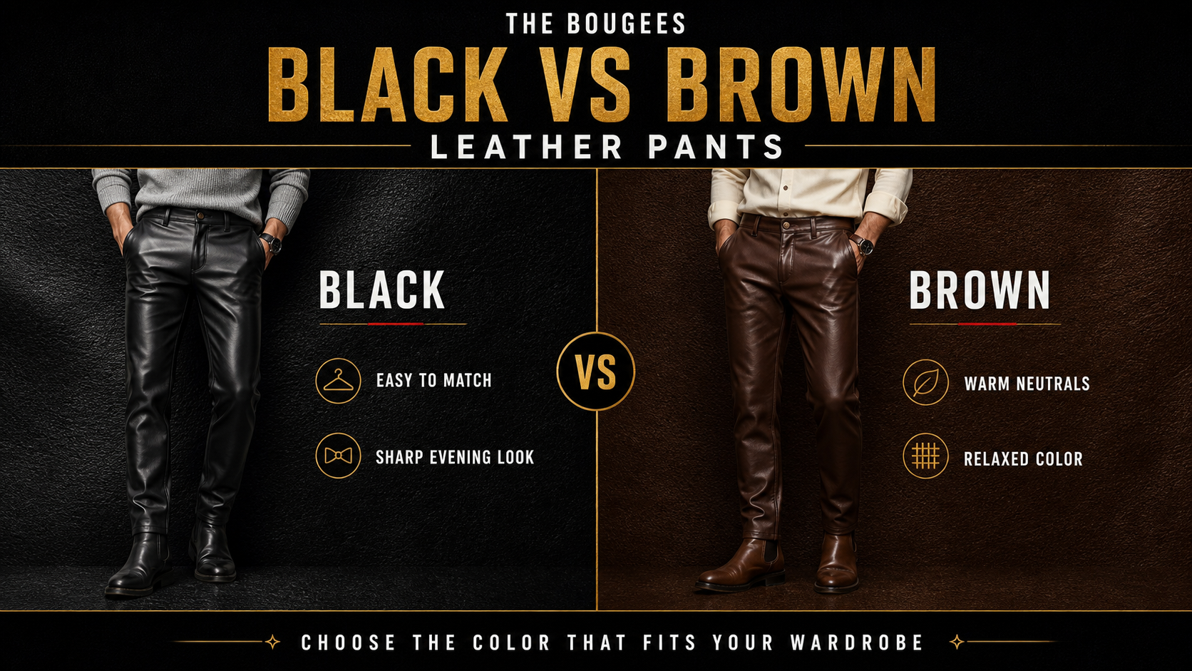 Editorial comparison cover showing black versus brown mens leather pants