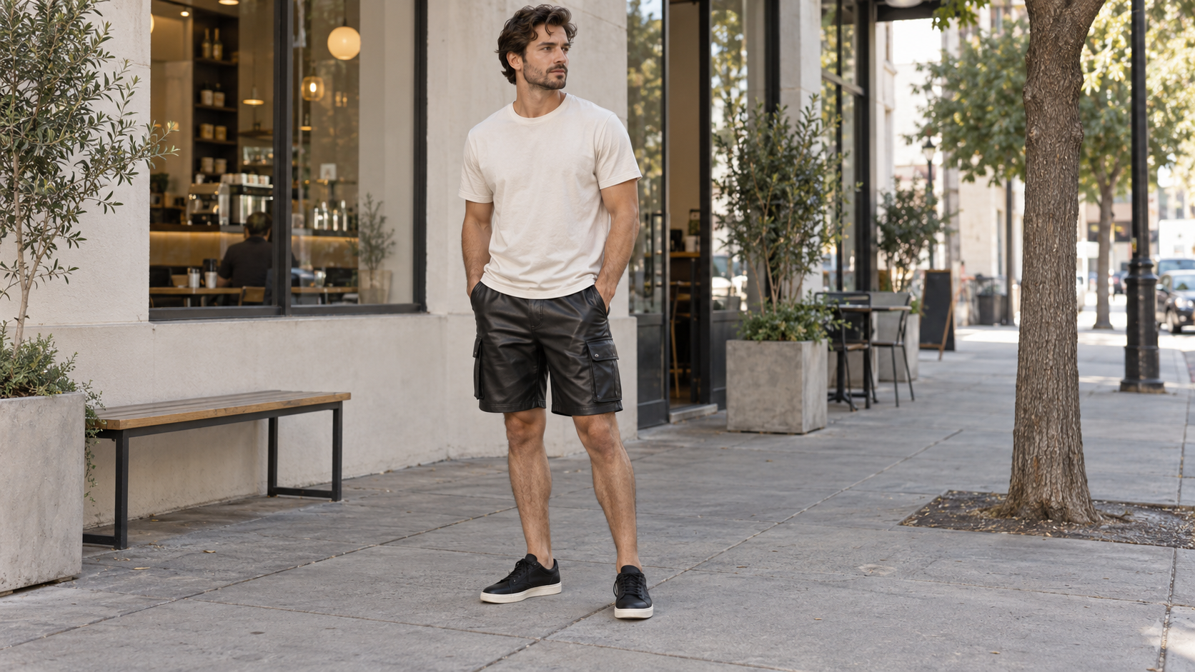 Man wearing black leather cargo shorts with a cream T-shirt outside a cafe; illustrative styling