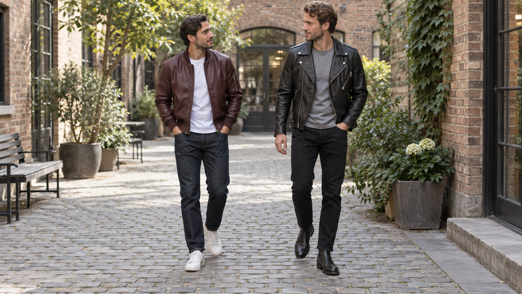 Men wearing maroon bomber and black biker leather jackets; illustrative styling
