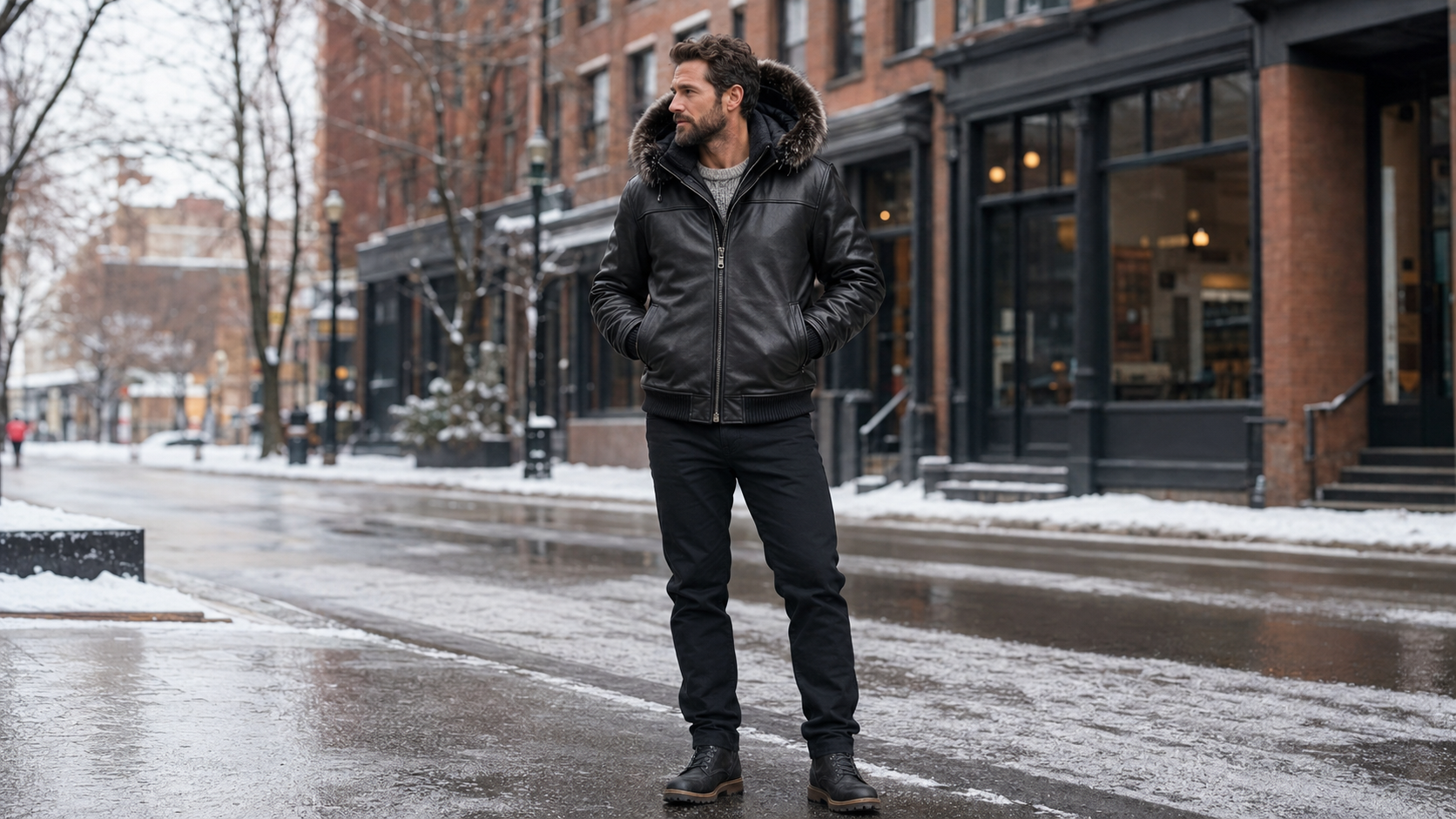 Man wearing a black fur hood leather bomber jacket on a snowy city street