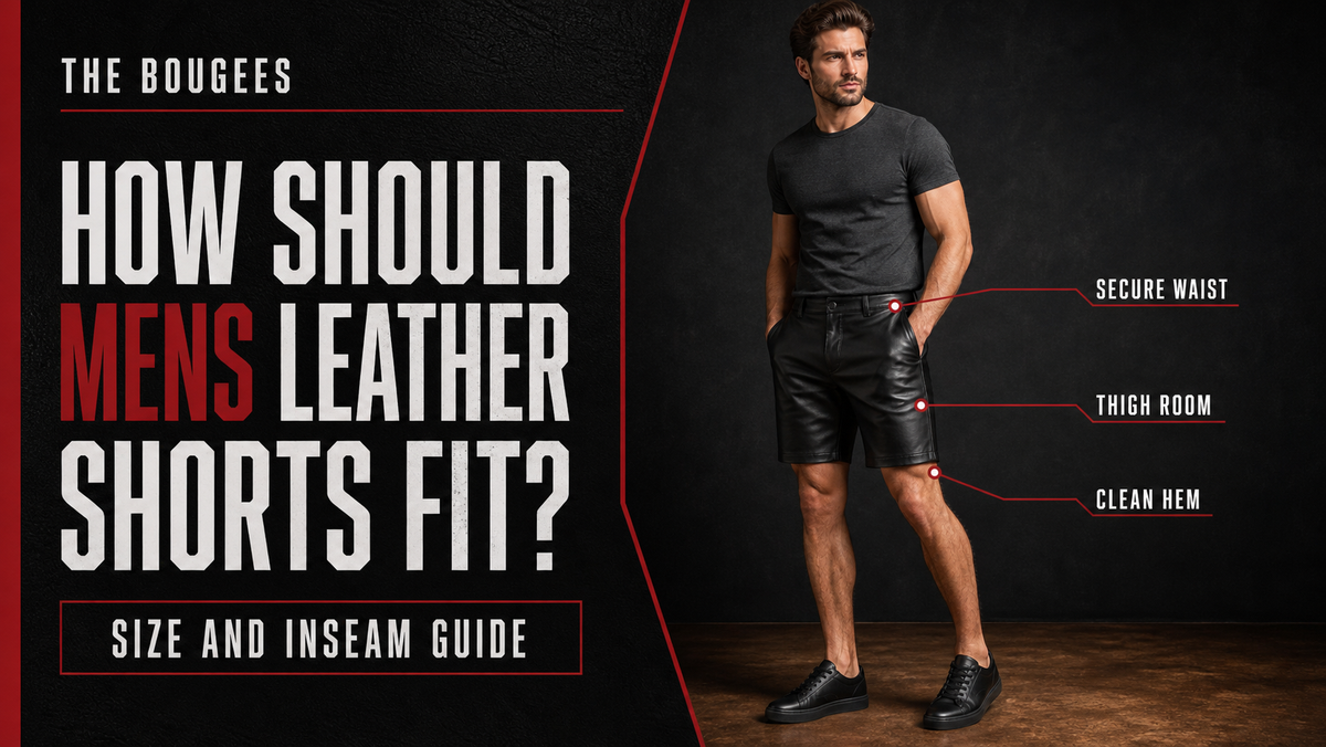 How should mens leather shorts fit size and inseam guide cover by The Bougees