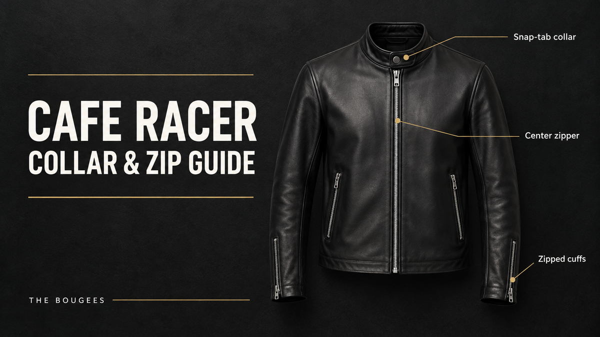 Cafe racer collar and zip guide with an illustrated black jacket and labeled collar, center zipper, and cuffs.