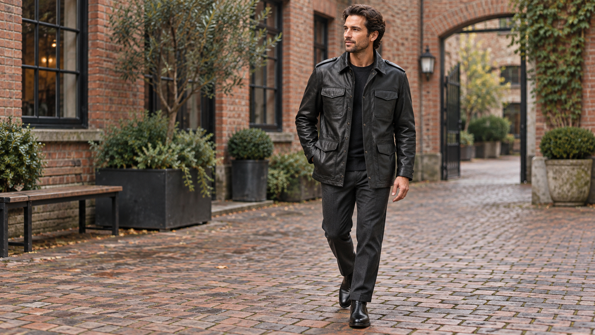 Man wearing a black four-pocket leather field jacket with charcoal trousers in a brick courtyard