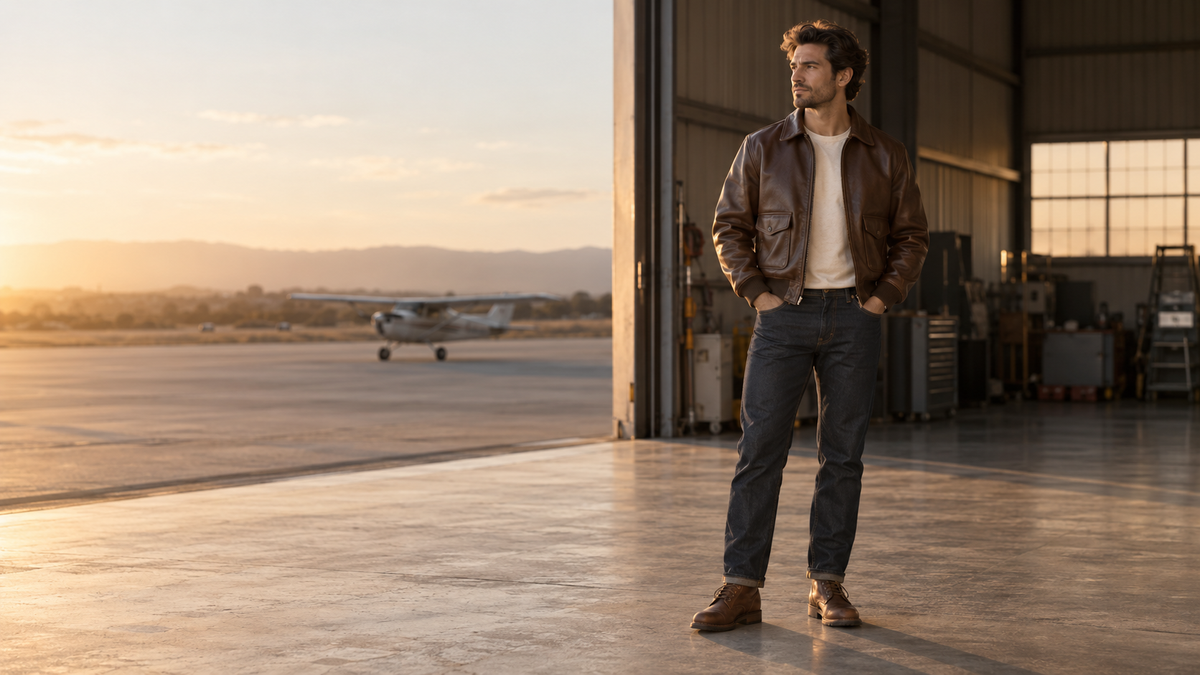 Man wearing a brown A-2 leather flight jacket in an aircraft hangar at sunset
