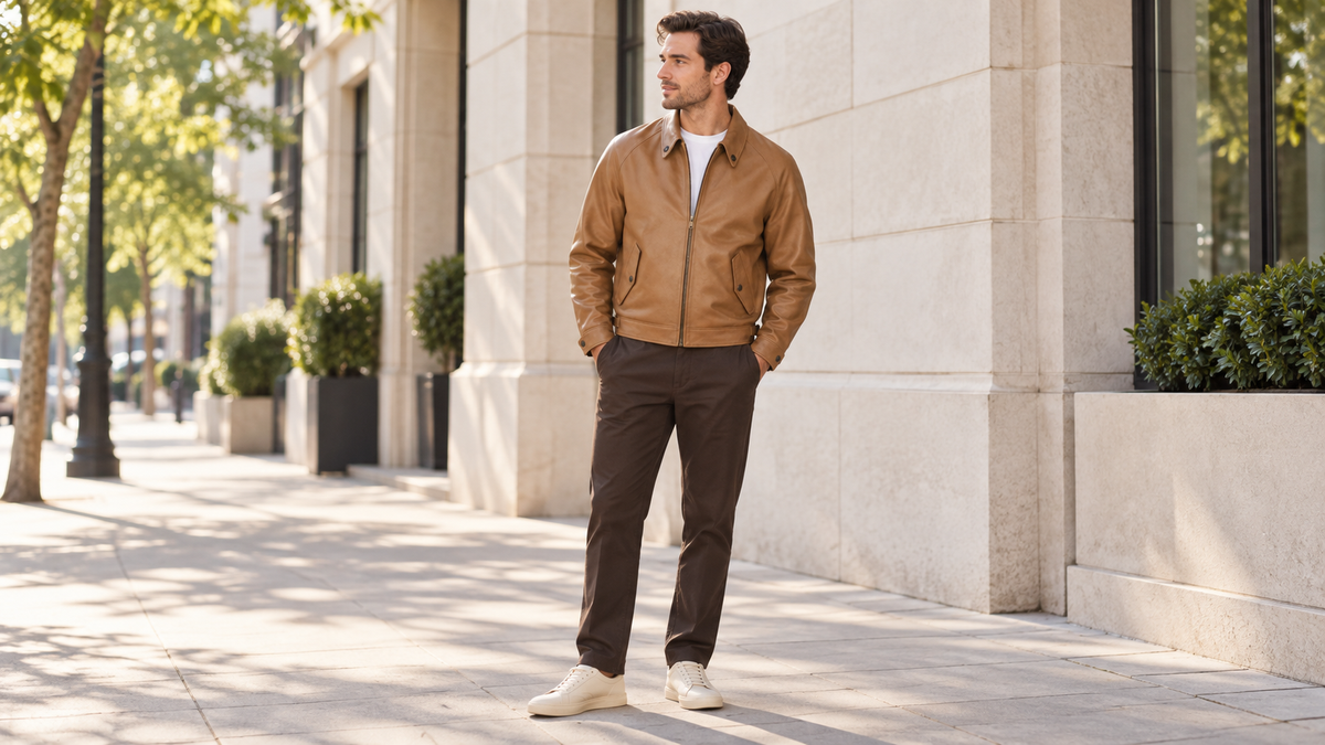Man wearing a tan leather Harrington jacket with a white tee, brown trousers and cream sneakers