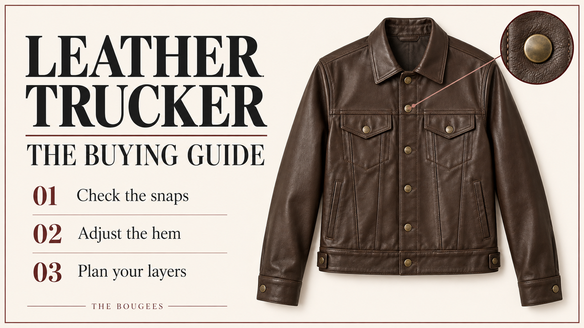 Trucker jacket buying guide with an illustrated brown jacket and callouts for the snap front, waist tabs, and layers.