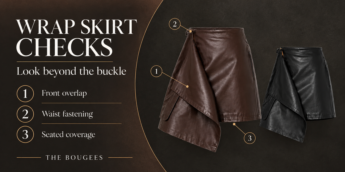 Wrap skirt checks editorial cover showing asymmetric brown and black leather skirts with overlap, waist-fastening and seated-coverage callouts