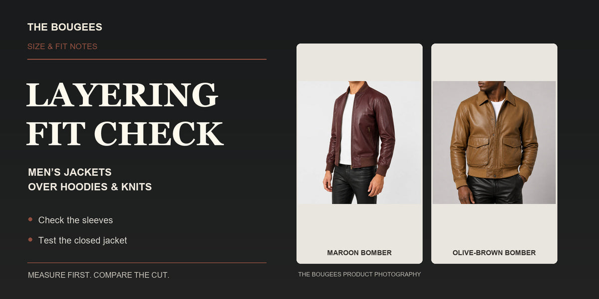 Men’s jacket layering cover showing maroon and olive-brown bombers with chest, sleeve and hem checks