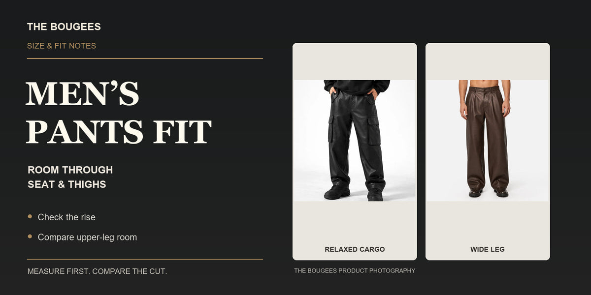 Men’s pants sizing cover showing relaxed cargo and wide-leg trousers with seat, thigh and rise checks