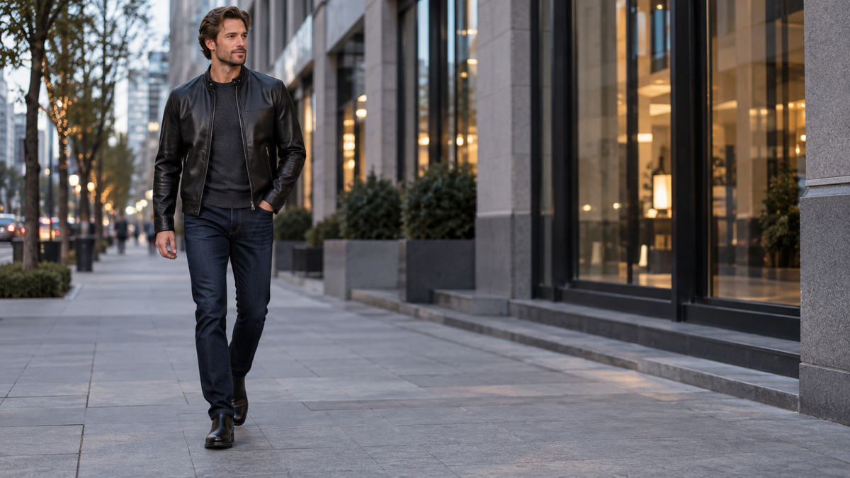 Man wearing a black leather cafe racer jacket with dark jeans on a city street