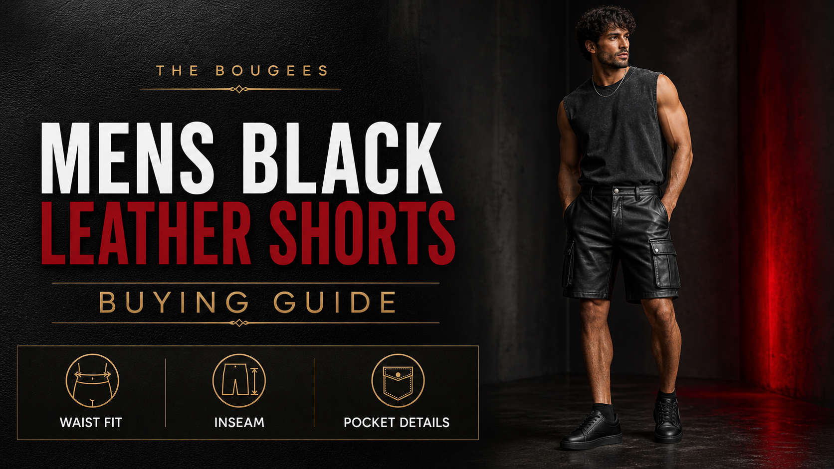 Mens black leather shorts buying guide editorial cover from The Bougees