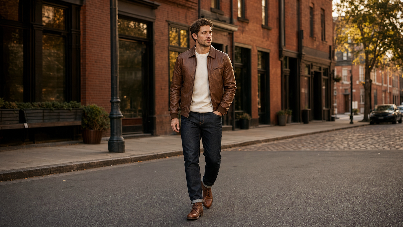 Man wearing a brown leather jacket with cream knit, dark jeans, and brown boots on a city street