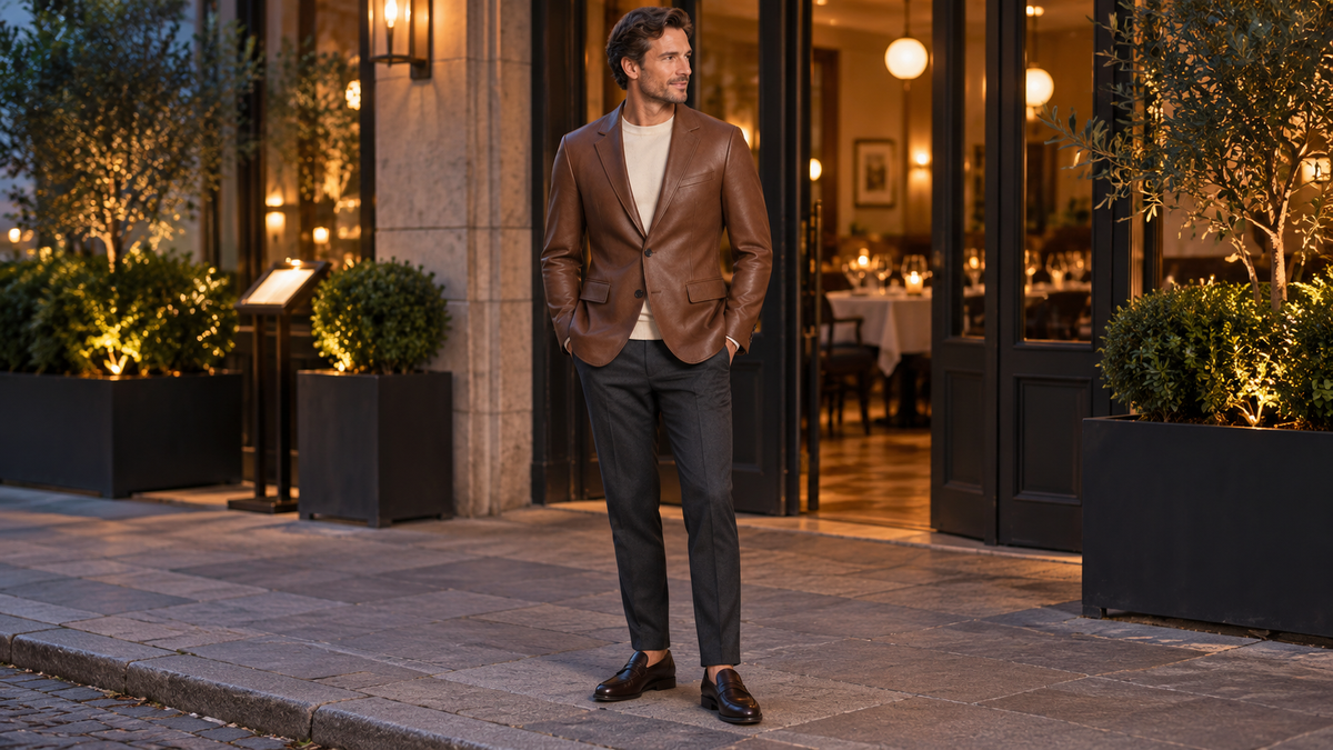 Man wearing a brown two-button leather blazer, cream knit and charcoal trousers outside a restaurant