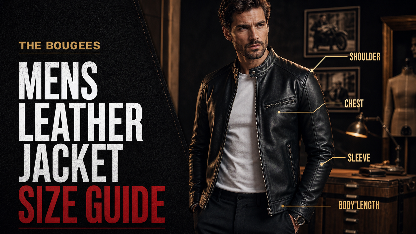 Mens leather jacket size guide editorial measurement cover by The Bougees
