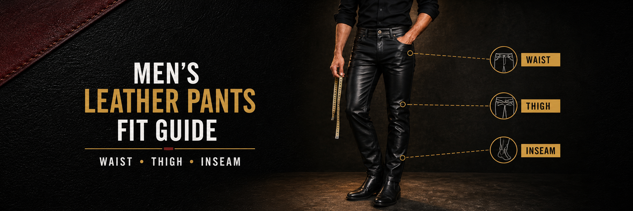 Wide men's leather pants fit guide showing waist, thigh, and inseam checks