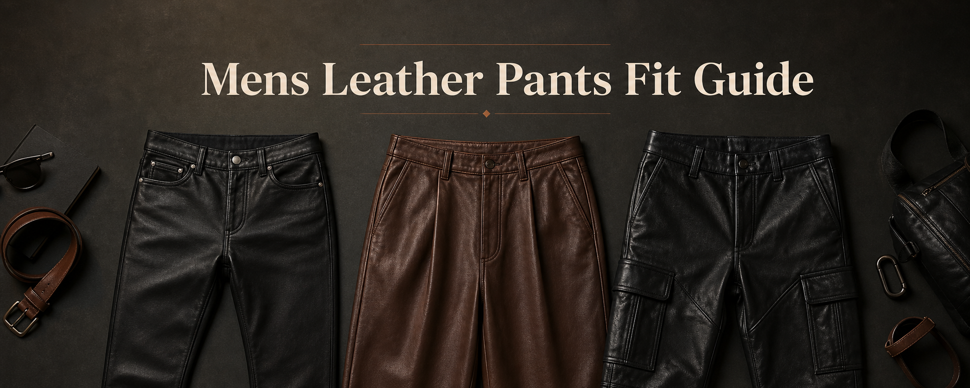 Mens Leather Pants Fit Guide editorial hero with black, brown, and cargo leather pants